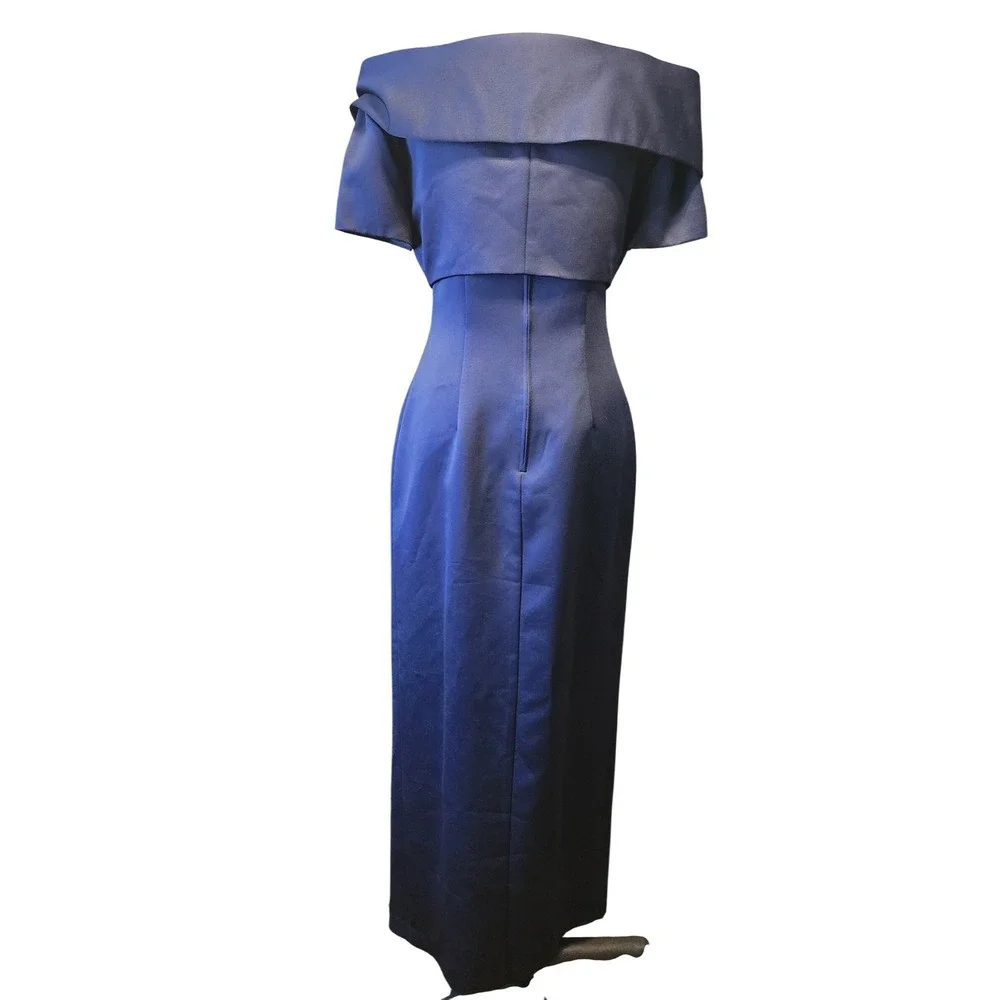 Alex Evenings Navy Blue Satin Gown Bolero Jacket Set Rhinestone Brooch Size 4